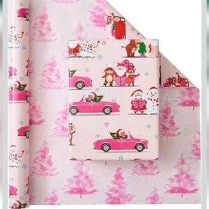 2 Pink Christmas Wrapping Paper Rolls. Reversible Mini 17 Inch X 33 Feet, Santa